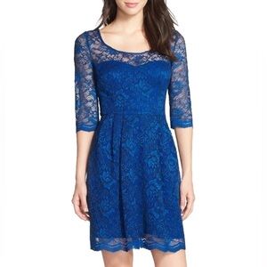 NWT Betsey Johnson ~Blue Lace Illusion Yoke 3/4 Sleeve Flare Party Dress 12